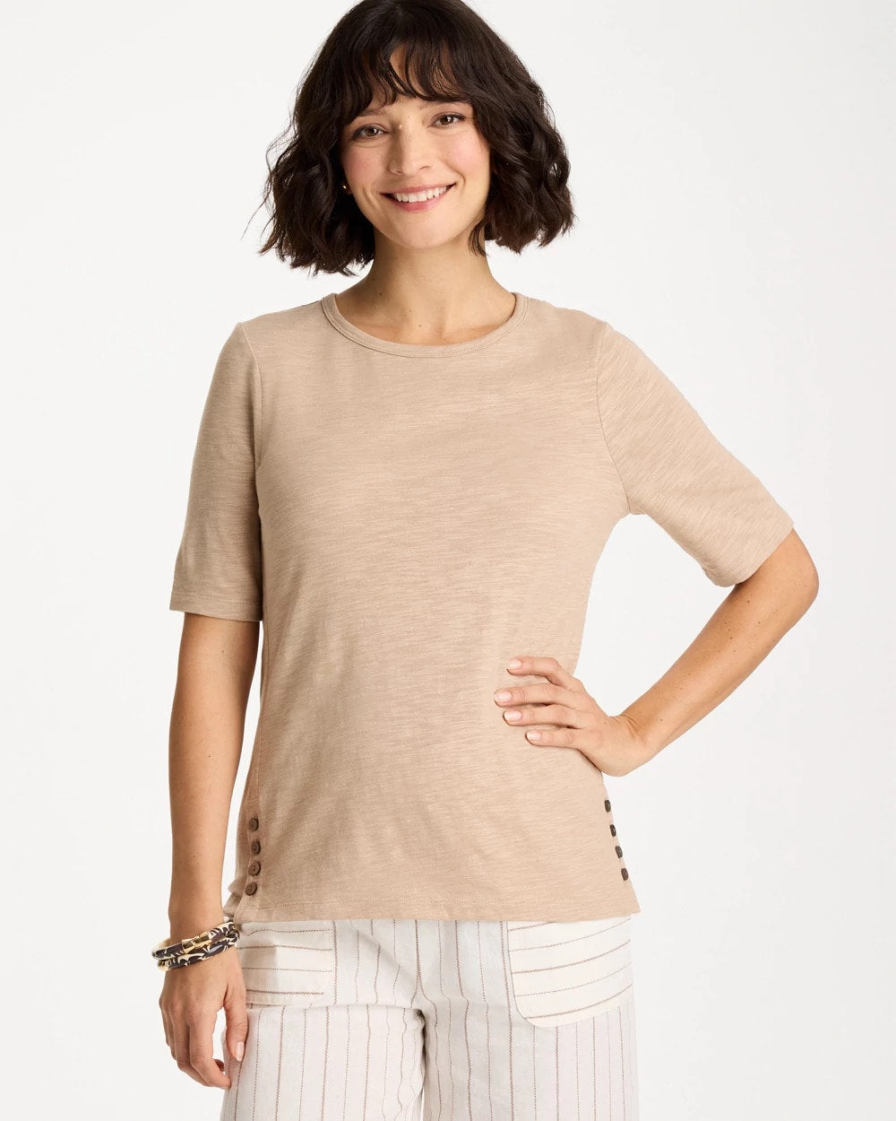 Chico's Everyday | Foil Print Cotton Slub Elbow-Sleeve Tee