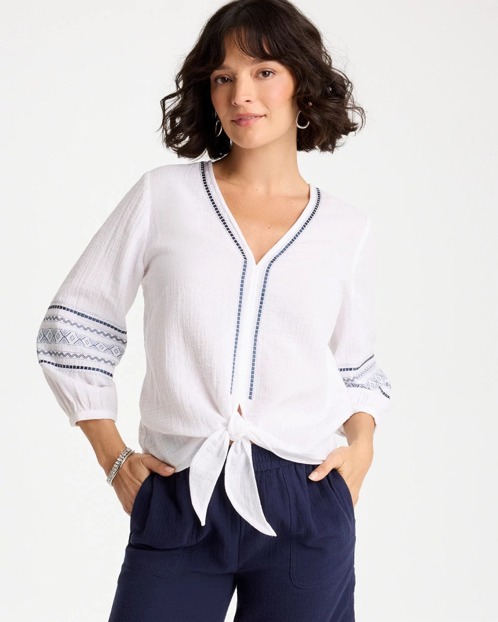 Chico's Smart Buy | Cotton Gauze Embroidered Tie-Front Blouse