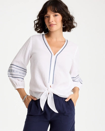 Chico's Smart Buy | Cotton Gauze Embroidered Tie-Front Blouse