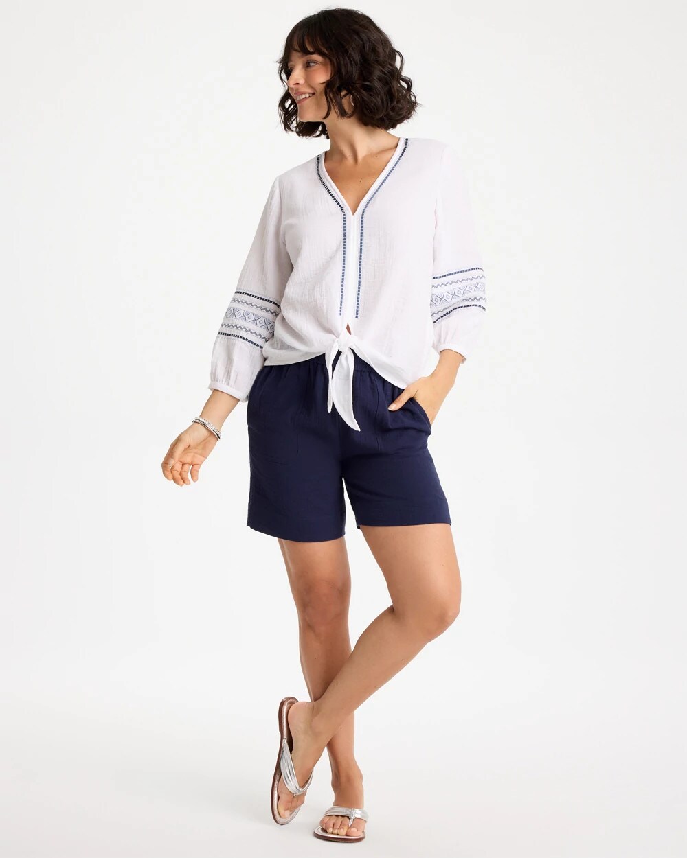 Chico's Smart Buy | Cotton Gauze Embroidered Tie-Front Blouse