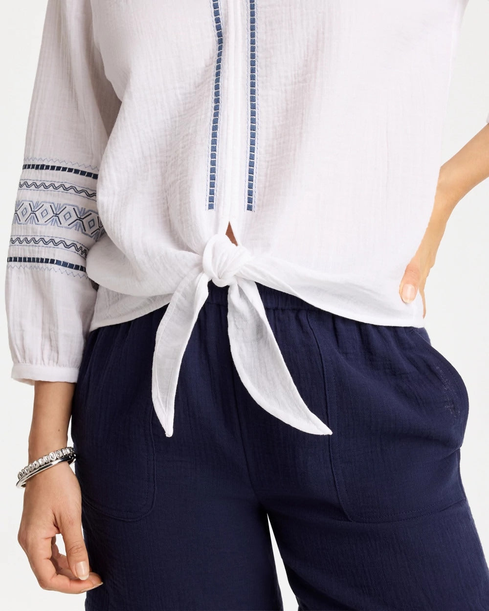 Chico's Smart Buy | Cotton Gauze Embroidered Tie-Front Blouse