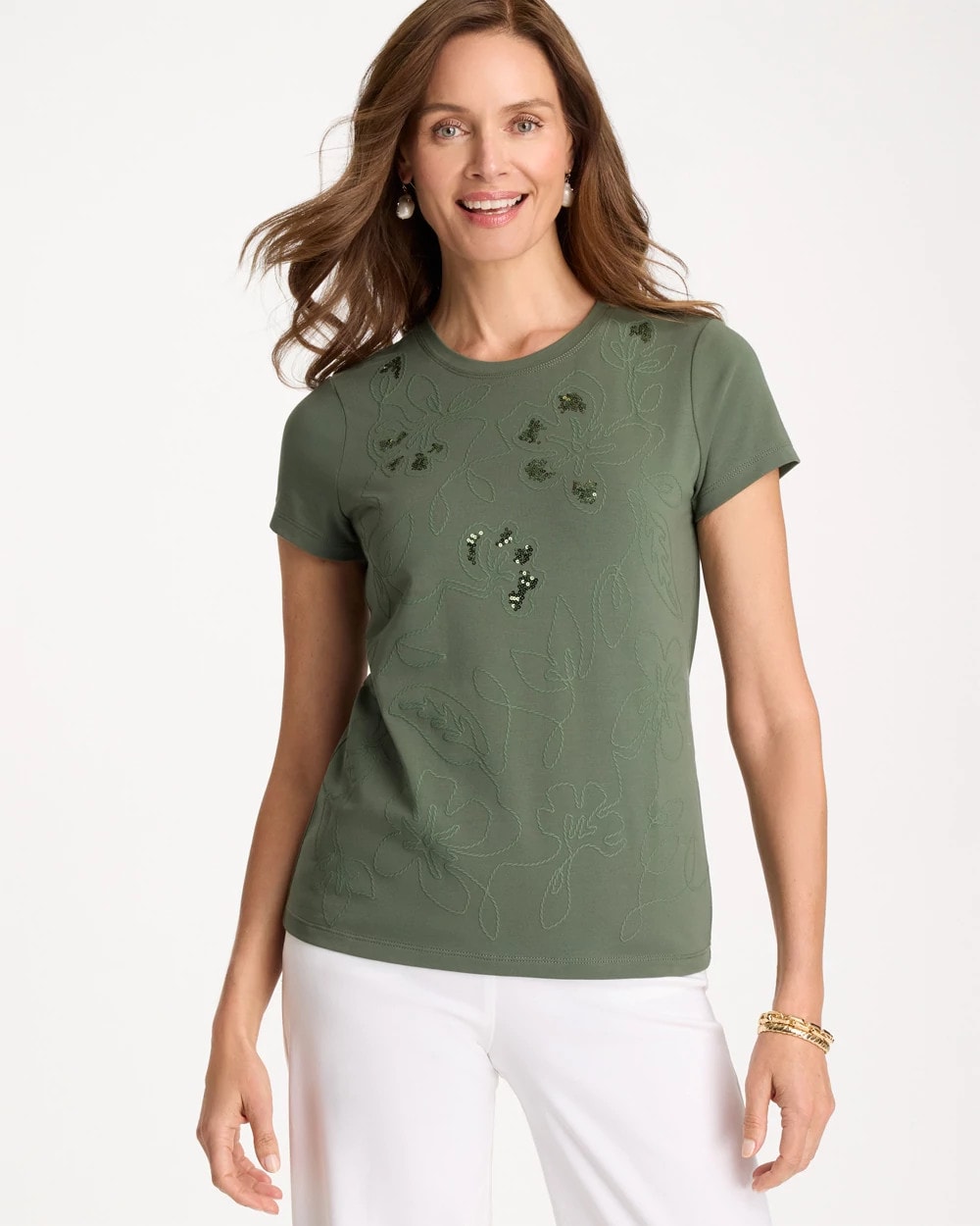 Chico's Special Offer | Embellished Cotton Stretch Cap-Sleeve Tee