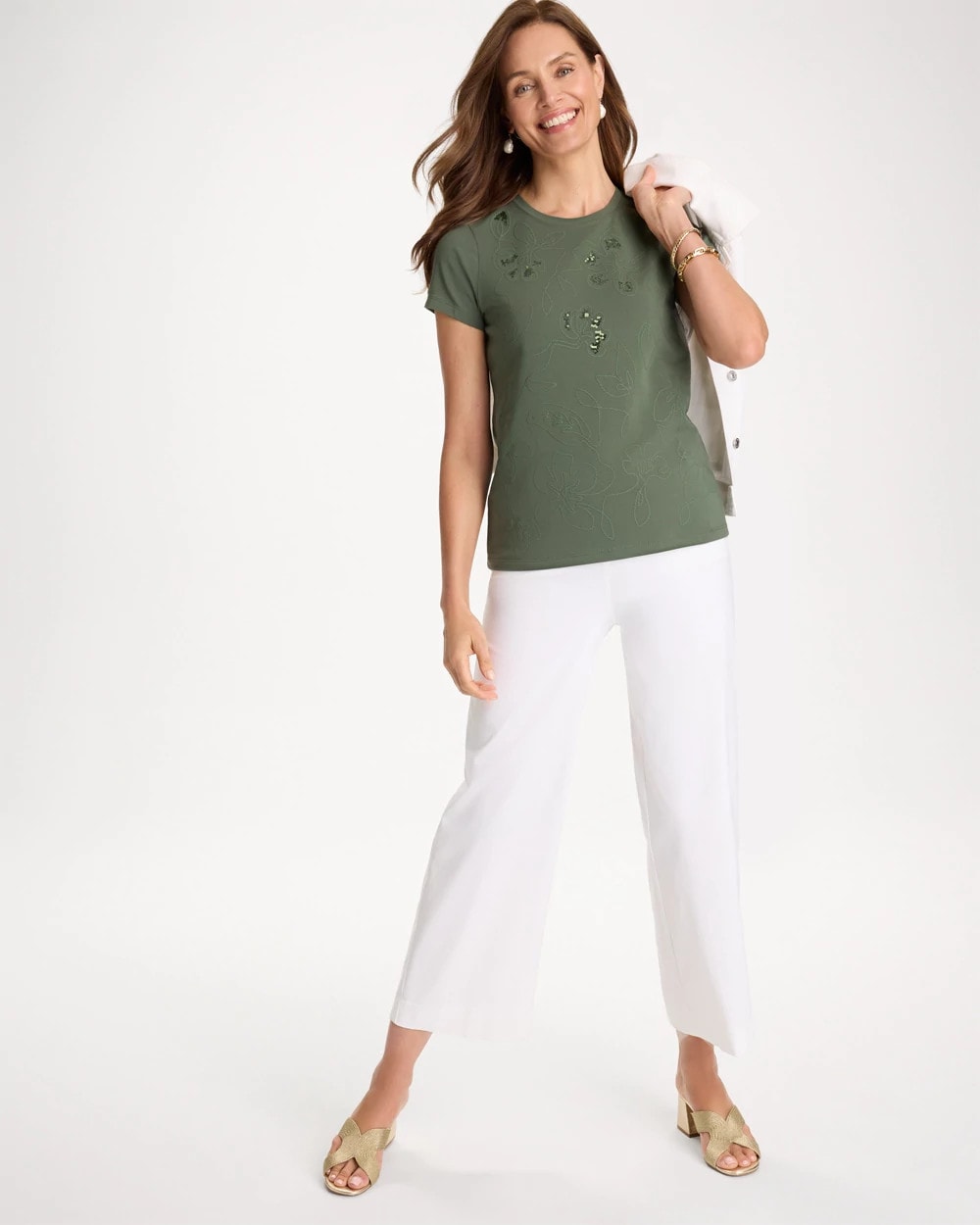 Chico's Special Offer | Embellished Cotton Stretch Cap-Sleeve Tee
