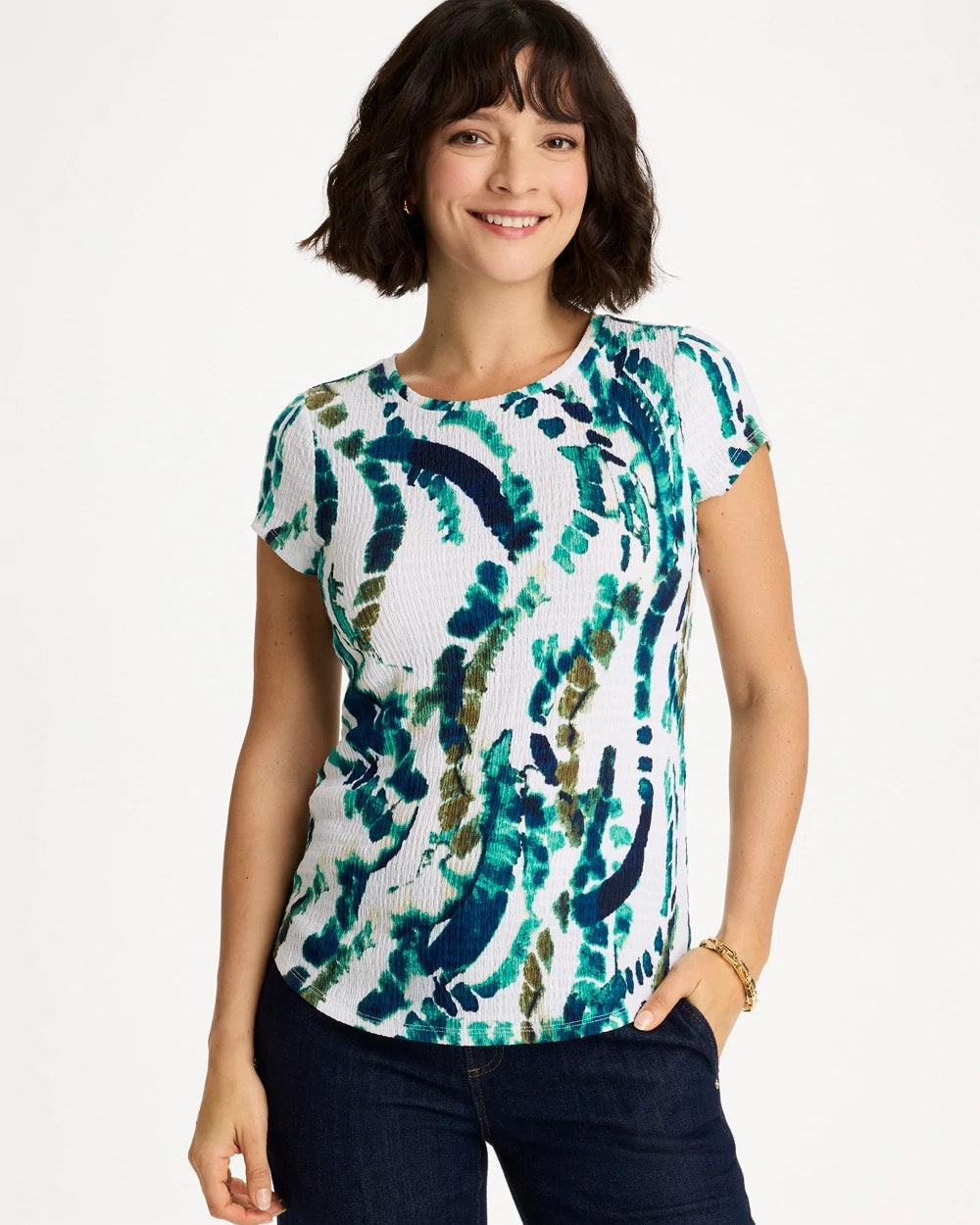 Chico's Value | Printed Textured Knit Cap Sleeve Tee