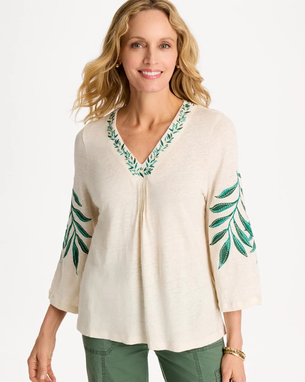 Chico's Great Value | Linen Palm Embroidered Pleated Tee