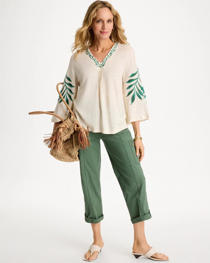 Chico's Great Value | Linen Palm Embroidered Pleated Tee