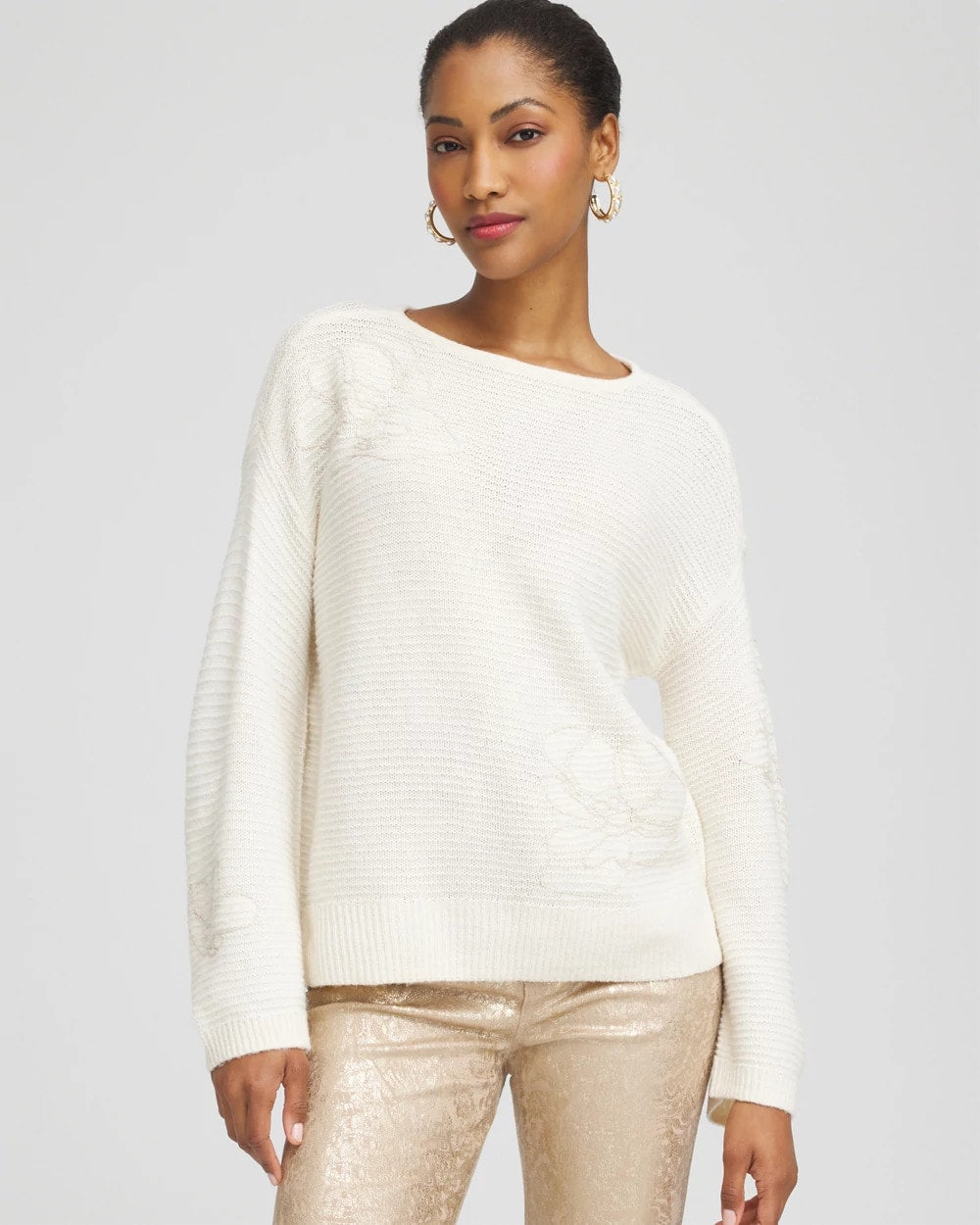 Chico's Classic | Tonal Embroidered Boatneck Pullover Sweater