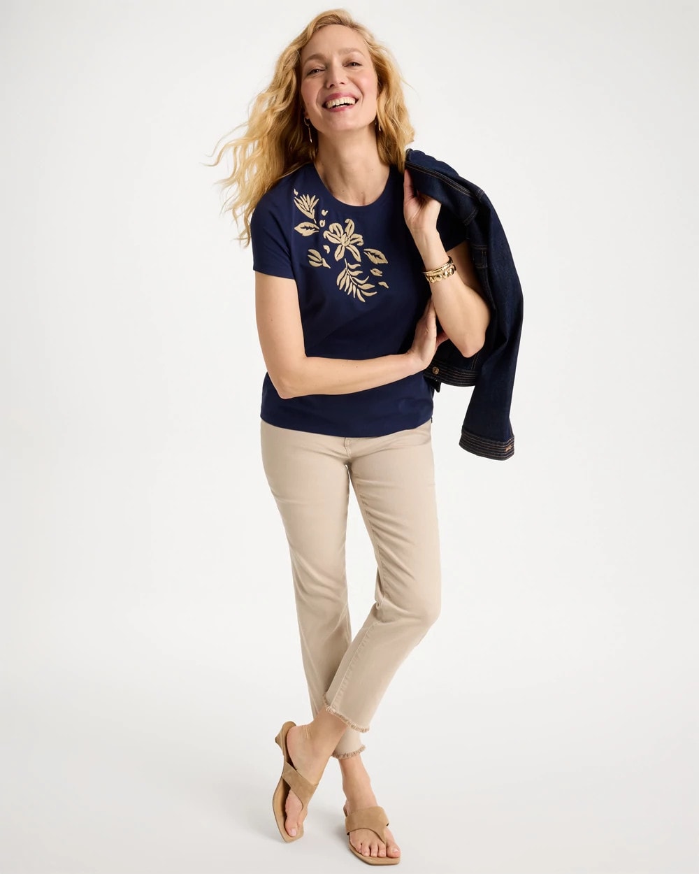 Chico's New | Cotton Stretch Cap Sleeve Embroidered Tee