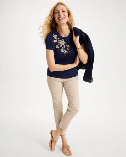 Chico's New | Cotton Stretch Cap Sleeve Embroidered Tee