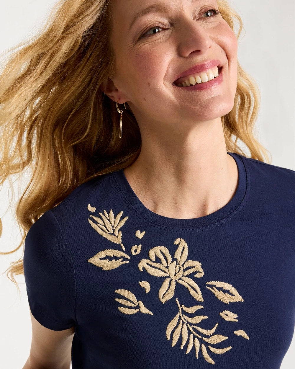 Chico's New | Cotton Stretch Cap Sleeve Embroidered Tee