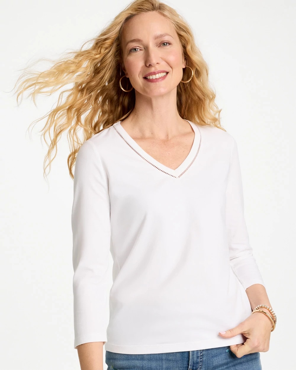 Chico's Everyday | Trim Detail Cotton Stretch 3/4 Sleeve Tee