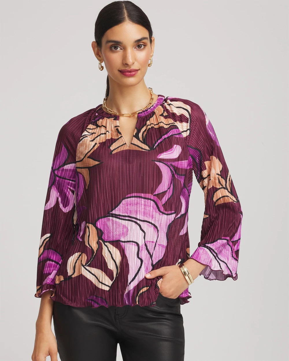 Chico's Deals | Printed Pleated V-Neck Tee