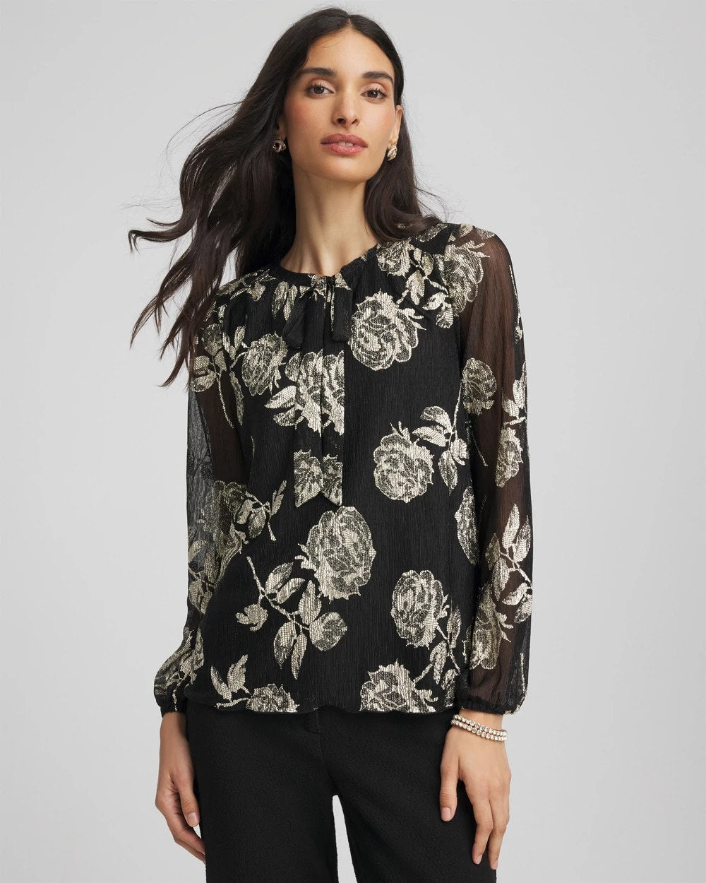 Chico's Hot Sale | Floral Metallic Bodre Top