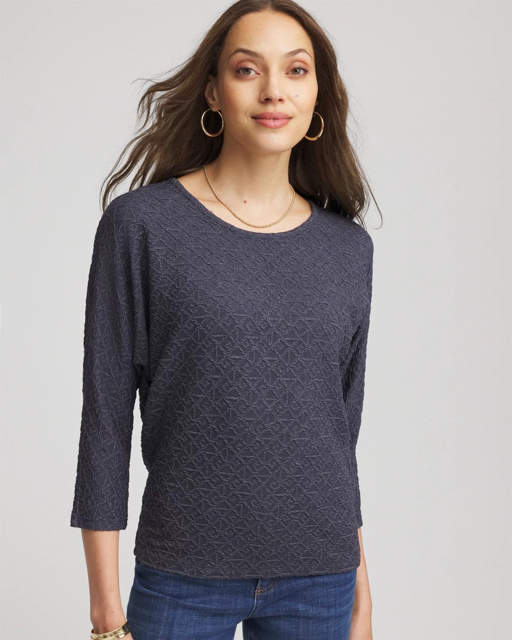Chico's New | Textured Denim-Motif Tapered-Hem Top