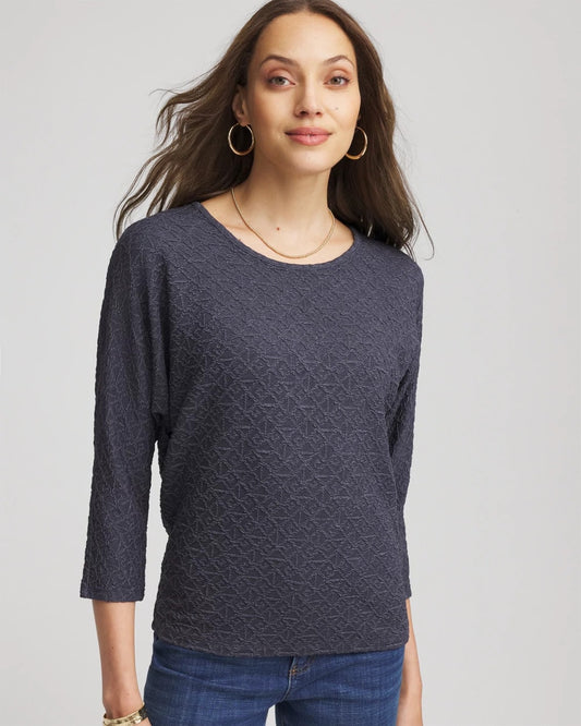 Chico's New | Textured Denim-Motif Tapered-Hem Top