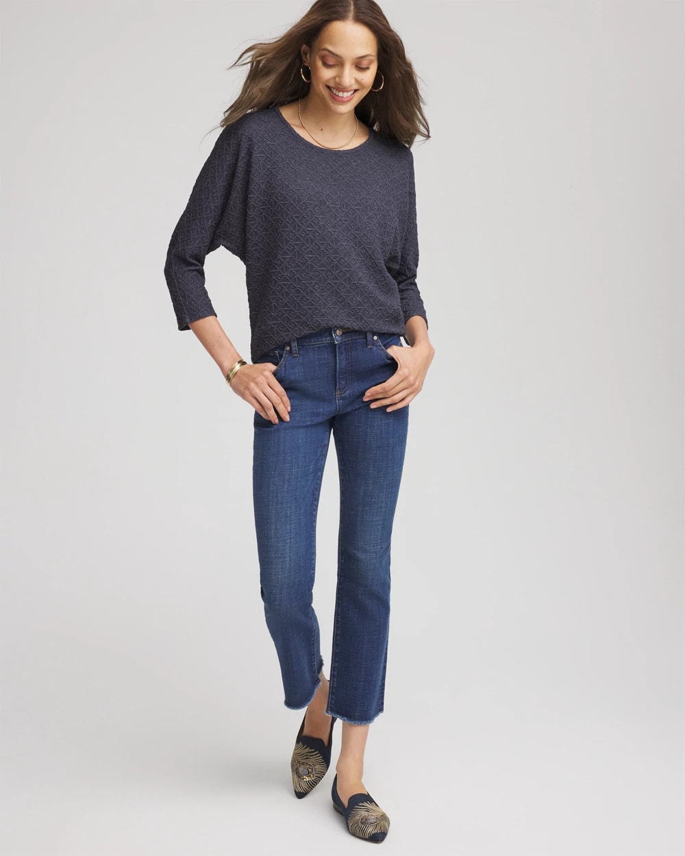 Chico's New | Textured Denim-Motif Tapered-Hem Top