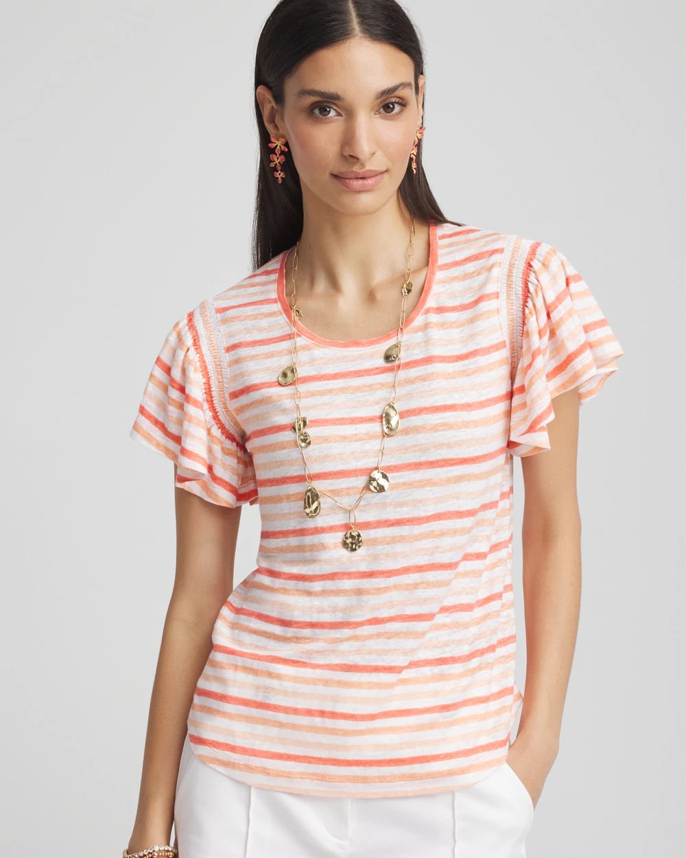 Chico's Classic | Striped Linen Smocked Flutter-Sleeved Tee