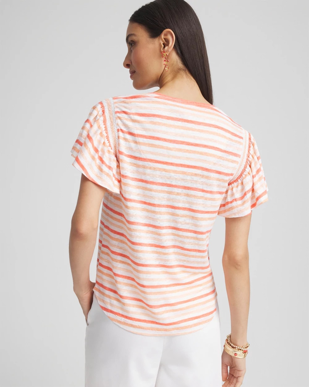 Chico's Classic | Striped Linen Smocked Flutter-Sleeved Tee