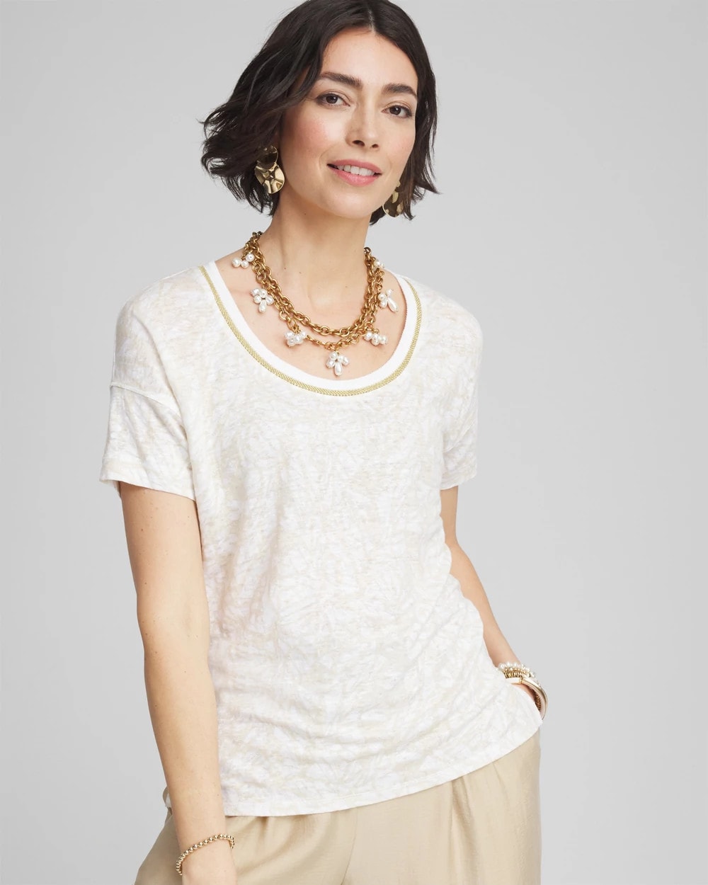 Chico's Classic | Printed Sweater Trim Linen Tee