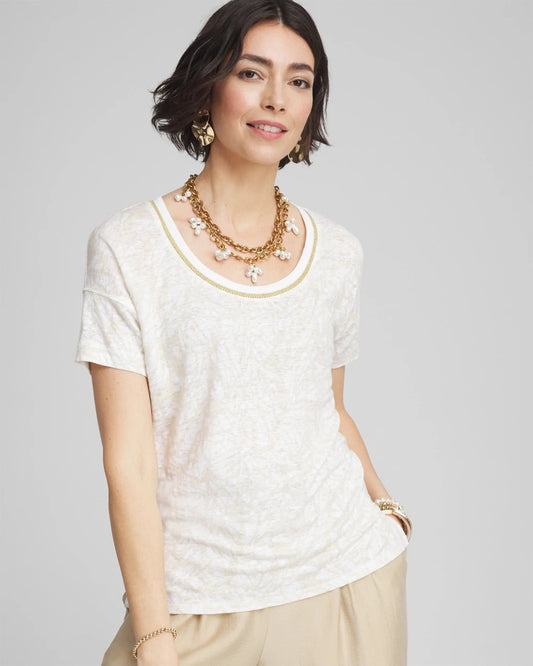 Chico's Classic | Printed Sweater Trim Linen Tee