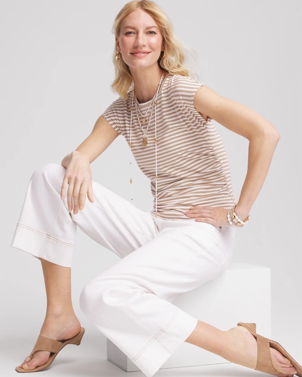 Chico's Sale | Neutral Striped Cap Sleeve Dolman Tee