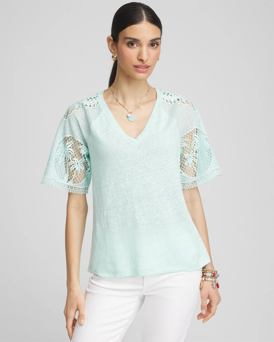 Chico's Premium | Linen Crochet Lace Short Sleeve Tee
