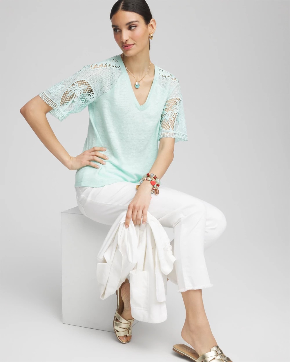 Chico's Premium | Linen Crochet Lace Short Sleeve Tee