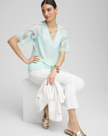 Chico's Premium | Linen Crochet Lace Short Sleeve Tee
