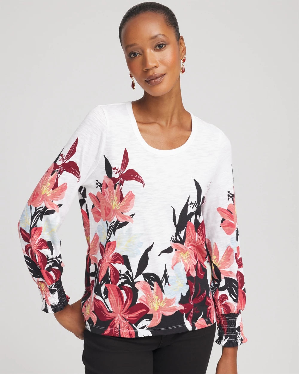 Chico's Signature | Floral-Motif Smocked Cotton-Slub Tee