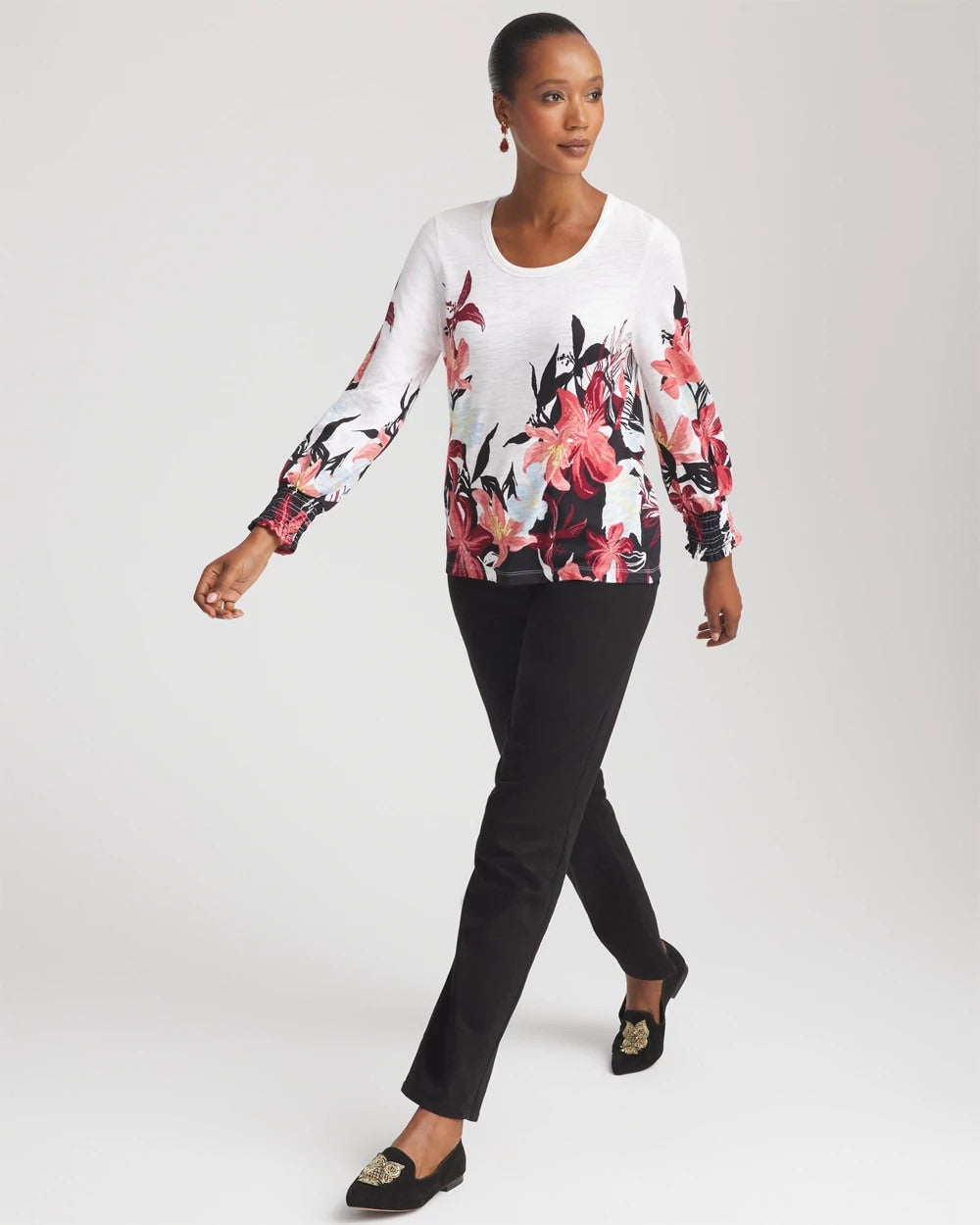 Chico's Signature | Floral-Motif Smocked Cotton-Slub Tee
