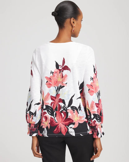 Chico's Signature | Floral-Motif Smocked Cotton-Slub Tee