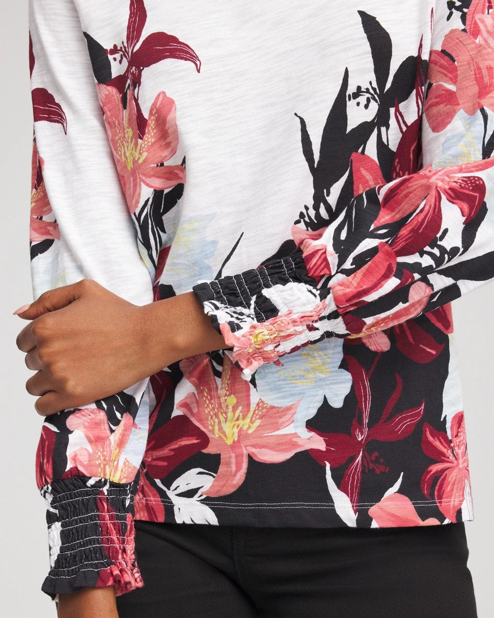 Chico's Signature | Floral-Motif Smocked Cotton-Slub Tee