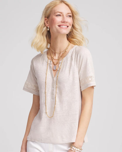 Chico's Great Value | Linen Lace-Cutwork Sleeve Henley Tee