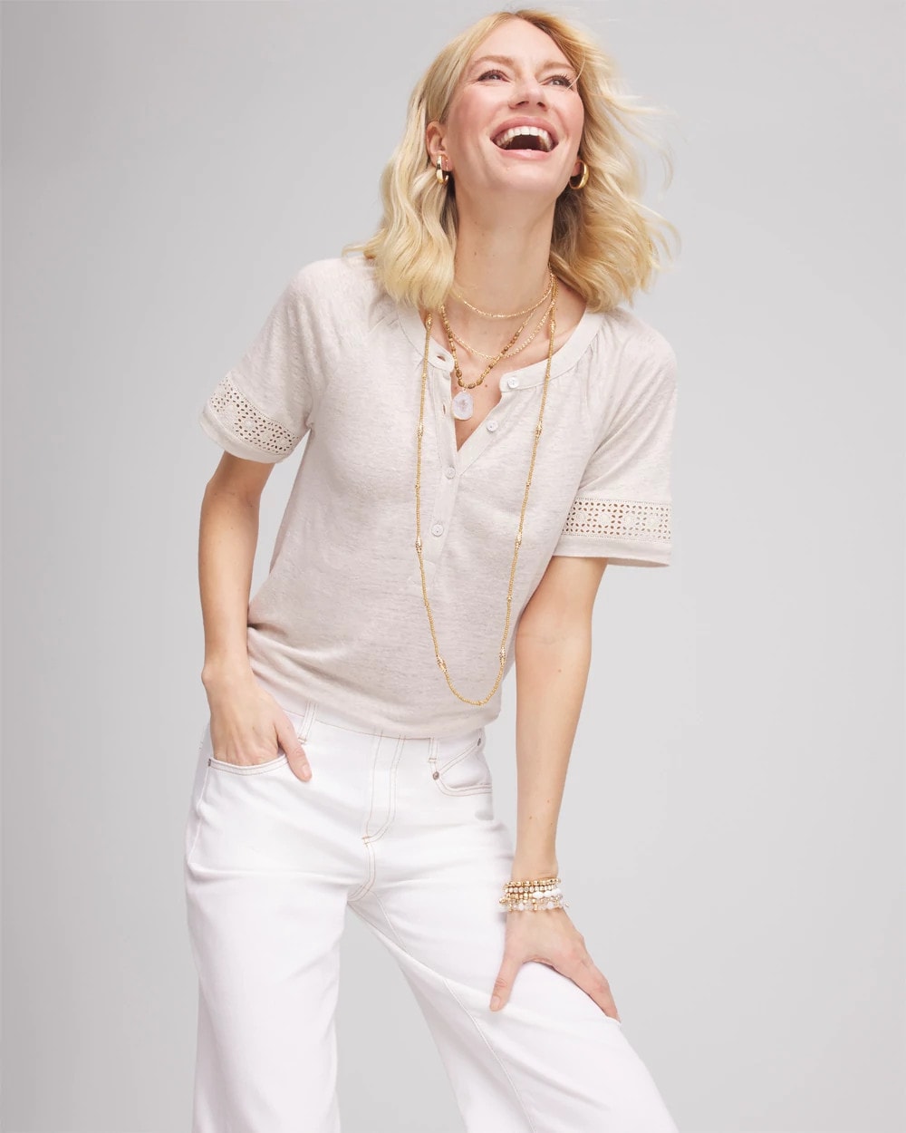 Chico's Great Value | Linen Lace-Cutwork Sleeve Henley Tee