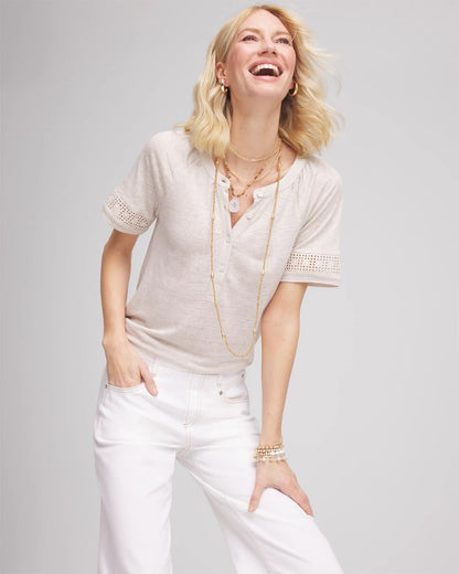 Chico's Great Value | Linen Lace-Cutwork Sleeve Henley Tee