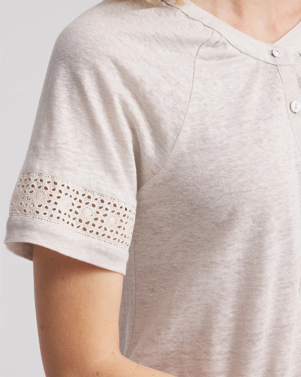 Chico's Great Value | Linen Lace-Cutwork Sleeve Henley Tee