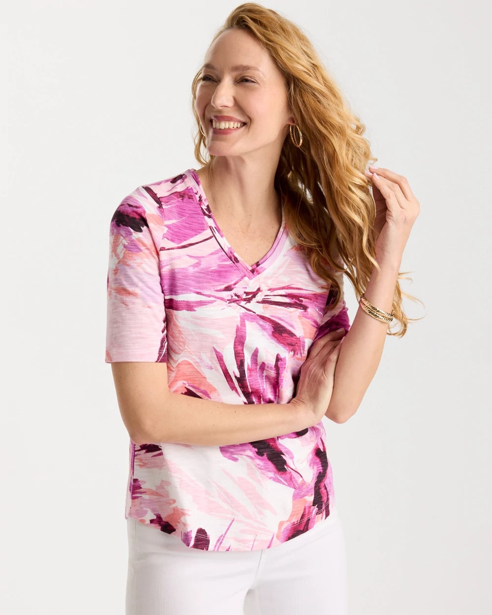 Chico's Latest | Printed Double V-Neck Slub Rib Tee
