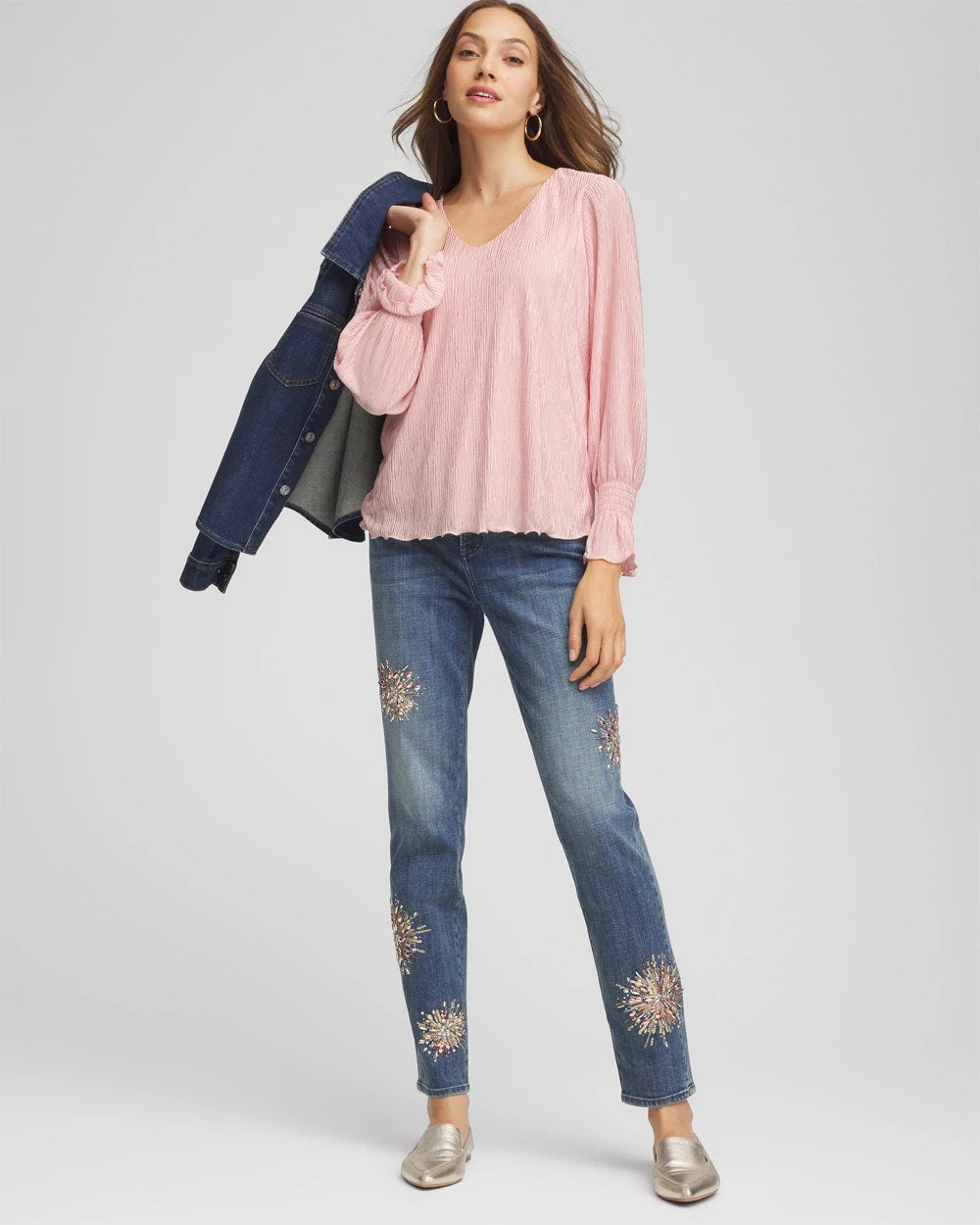 Chico's Signature | Crinkle Bodre Voop Neck Top