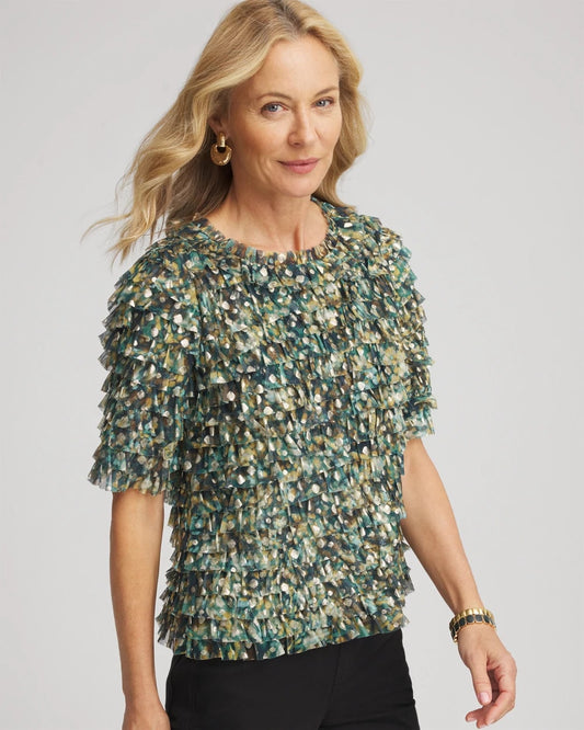 Chico's Popular | Foiled Mesh Ruffle Crop Tee