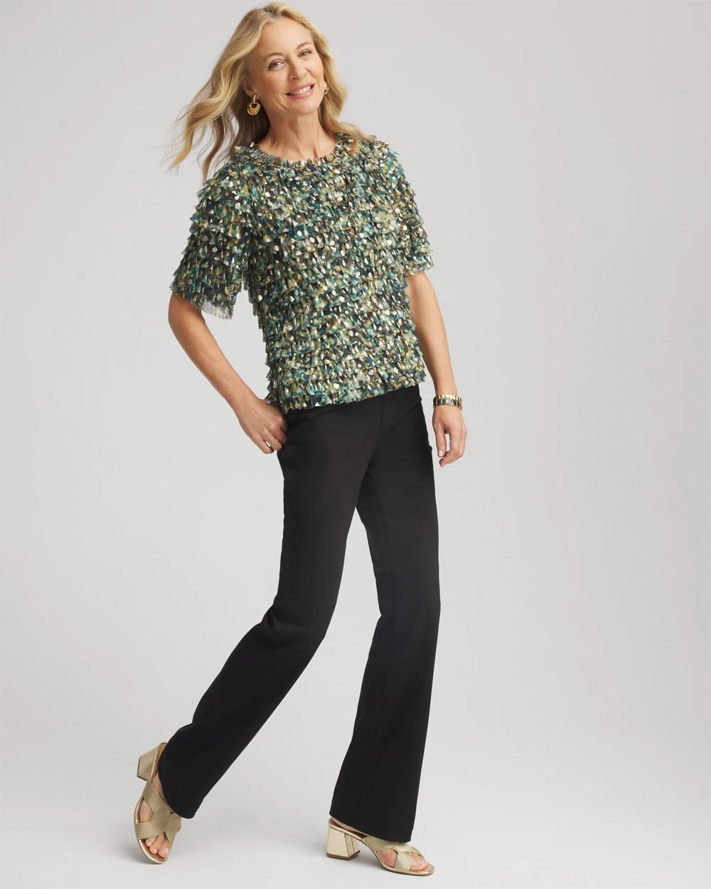 Chico's Popular | Foiled Mesh Ruffle Crop Tee