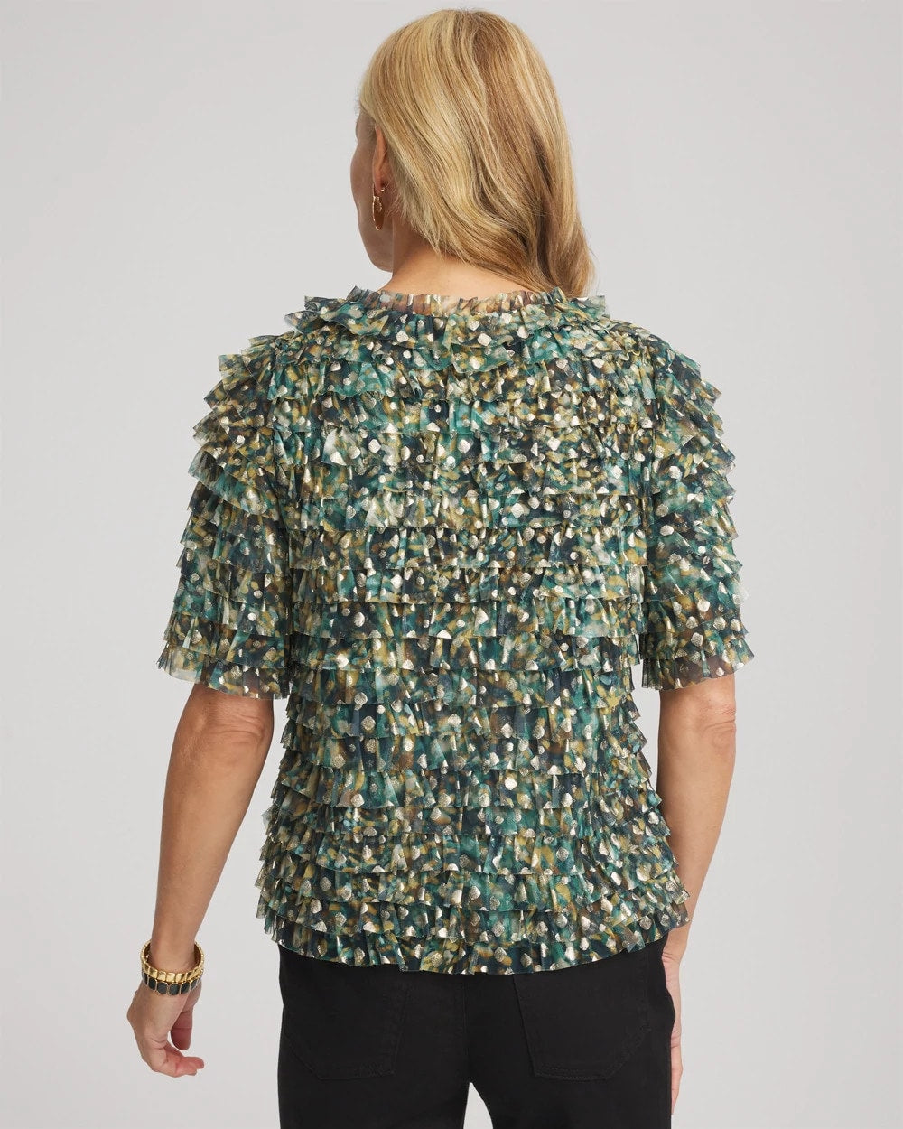 Chico's Popular | Foiled Mesh Ruffle Crop Tee