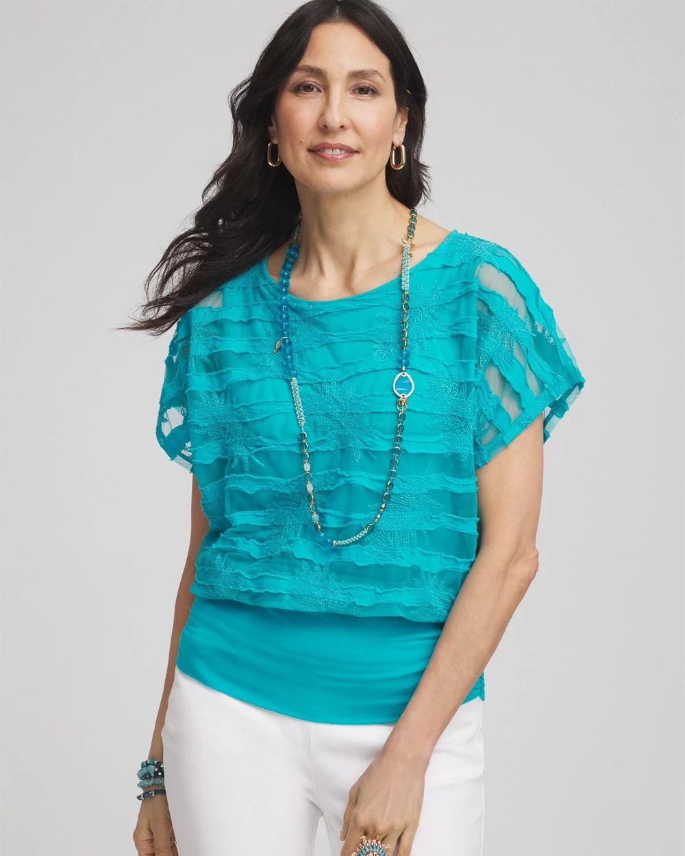 Chico's Hot Sale | Embroidered Striped Banded Bottom Top