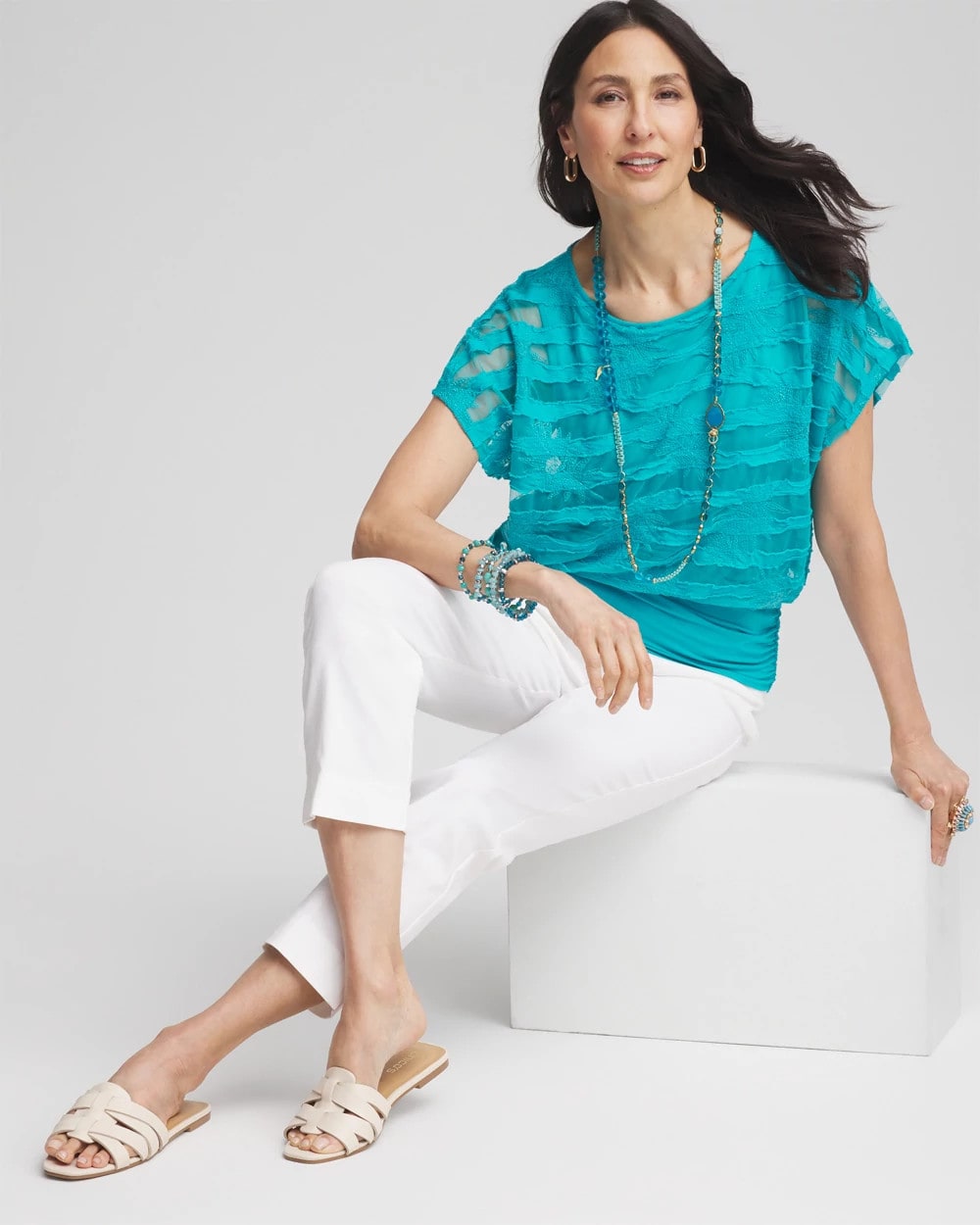 Chico's Hot Sale | Embroidered Striped Banded Bottom Top
