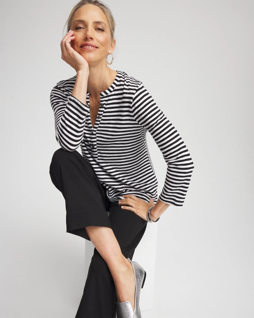 Chico's Customer Favorite | Striped Slub Splitneck Henley Tee