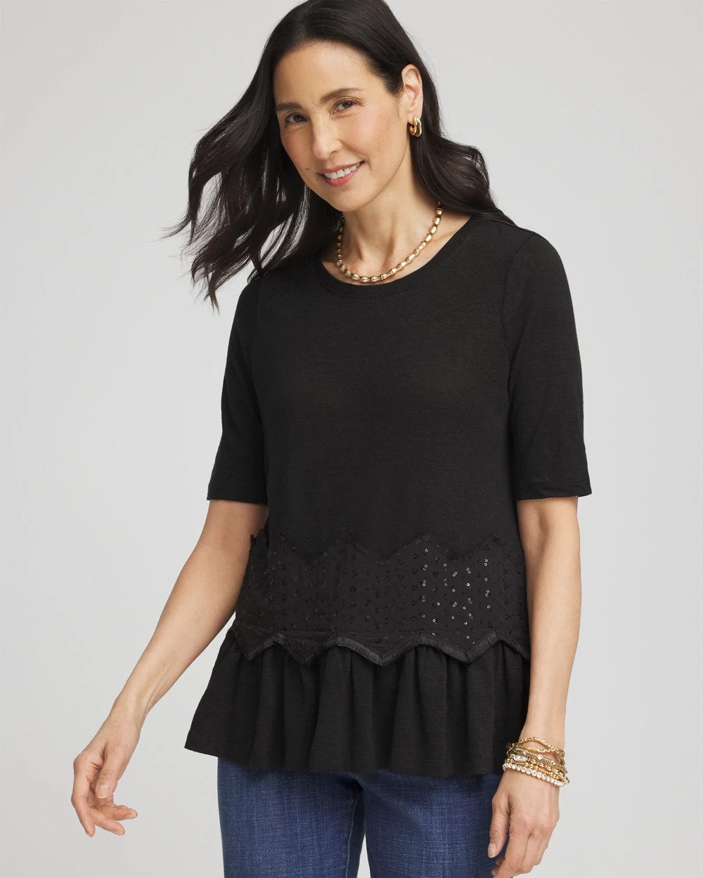 Chico's Discount | Chevron Sequin Peplum Linen Tee