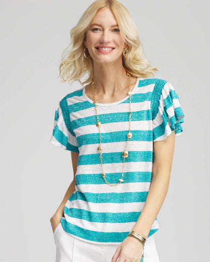 Chico's Trending | Linen Metallic Striped Flutter-Sleeve Tee