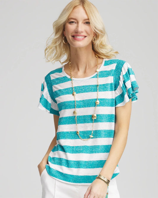 Chico's Trending | Linen Metallic Striped Flutter-Sleeve Tee
