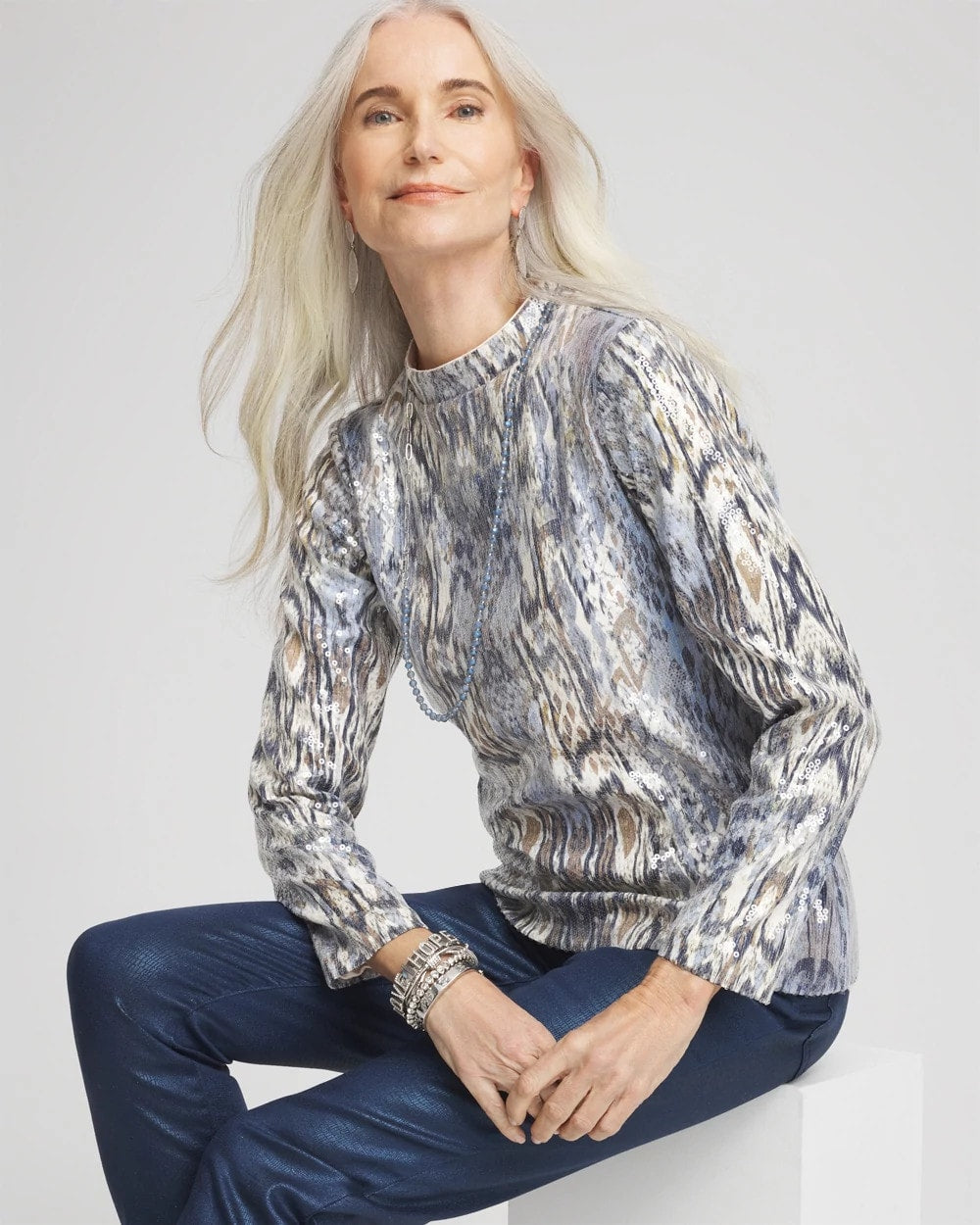 Chico's Essential | Sequin Reptile Funnel Neck tee