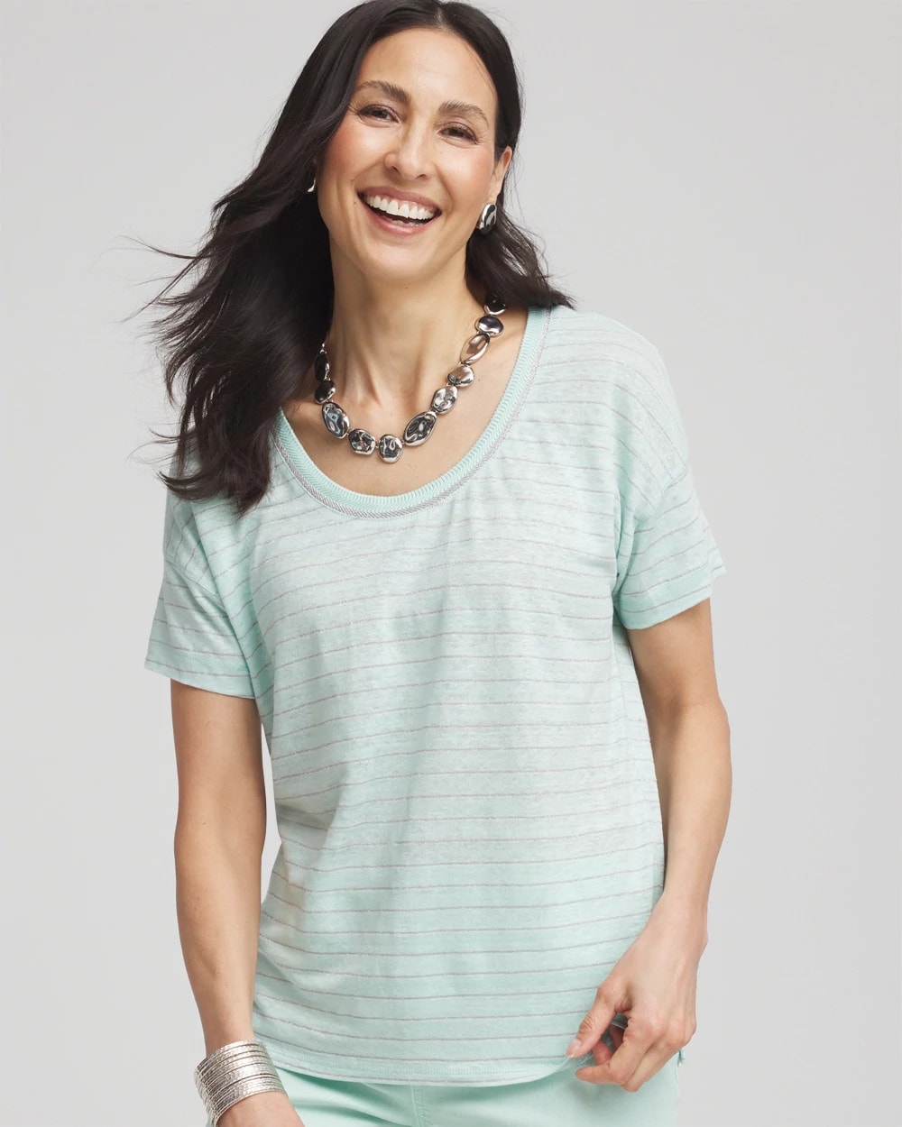 Chico's Premium | Striped Sweater-Trim Linen Tee