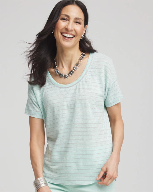Chico's Premium | Striped Sweater-Trim Linen Tee